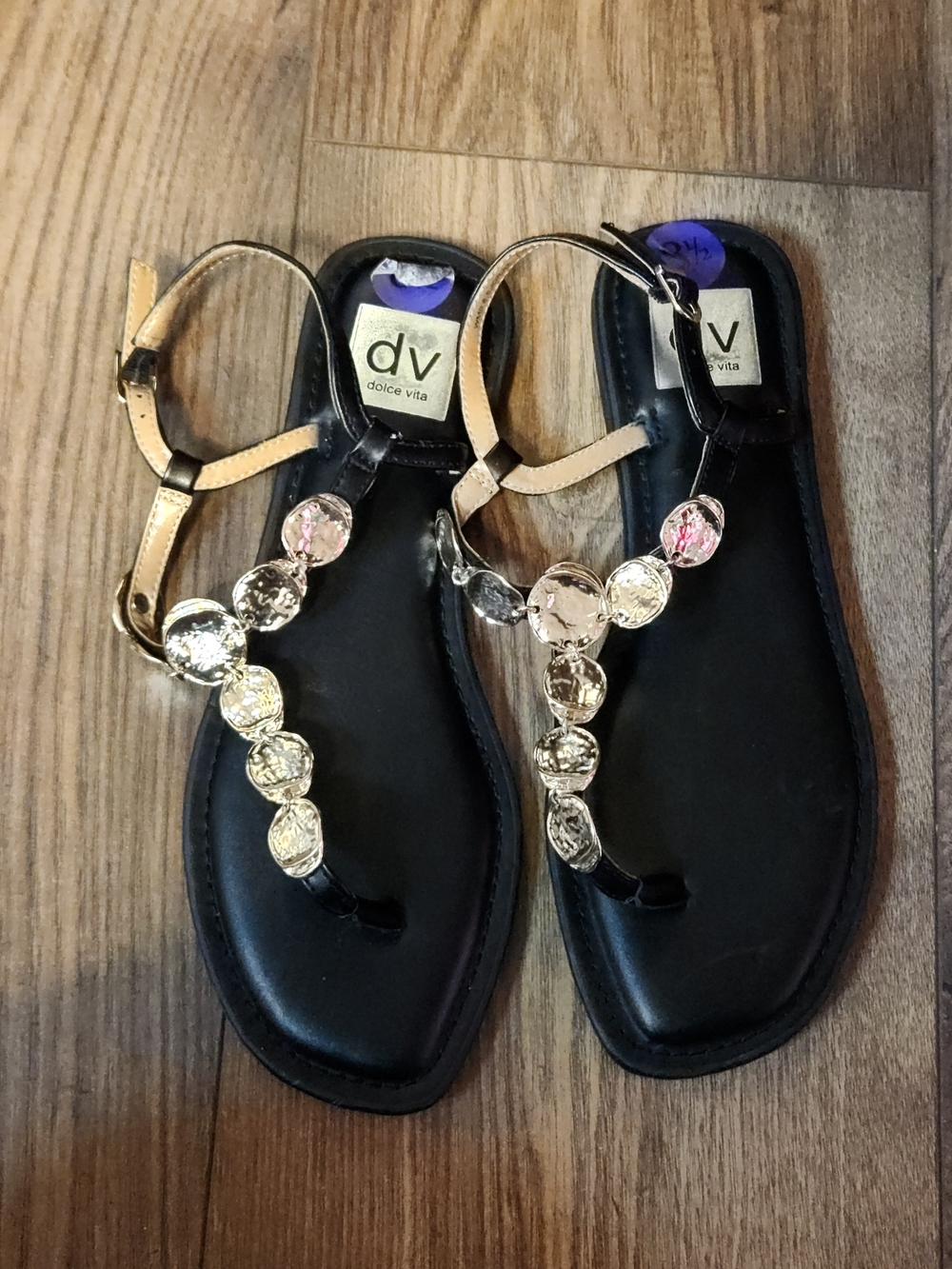 Dolce Vita Black T-Strap Sandals with Metallic Embellishments